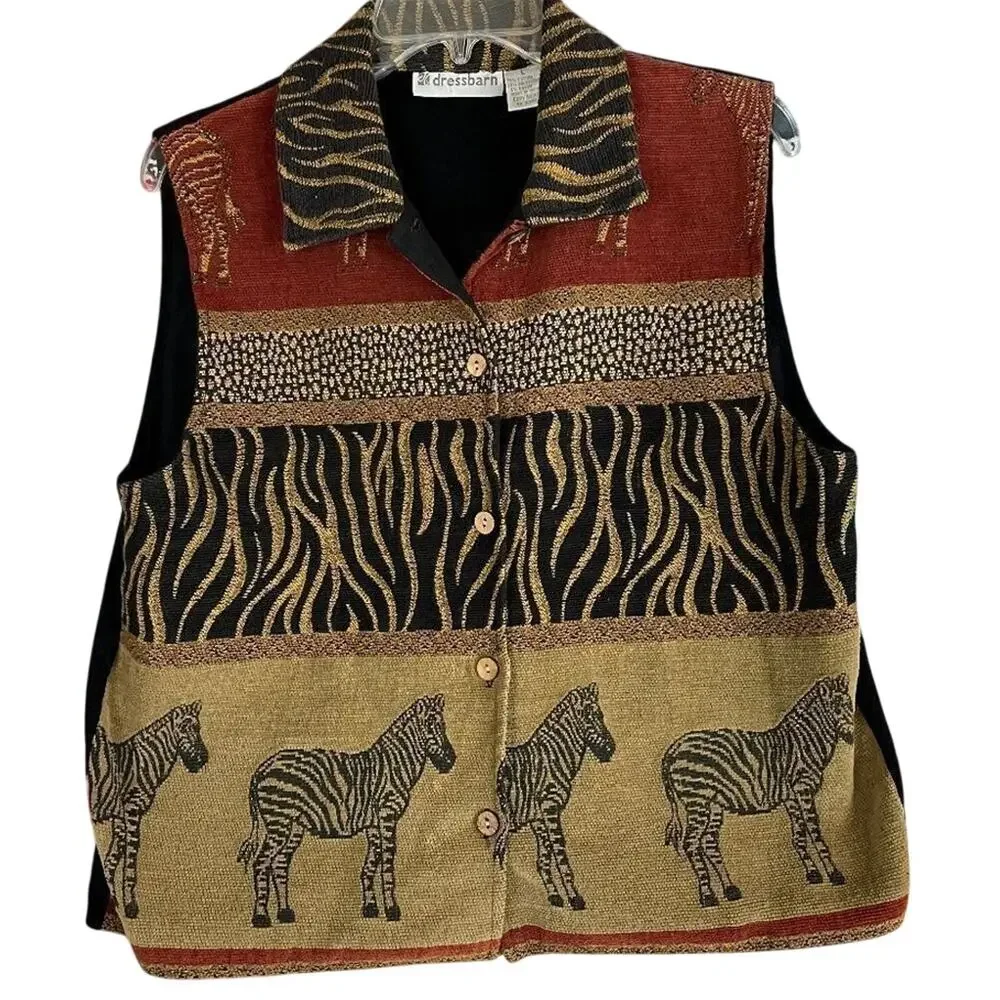 Dressbarn Safari Zebra Theme Tapestry Button Front Vest Corduroy Back Size Large
